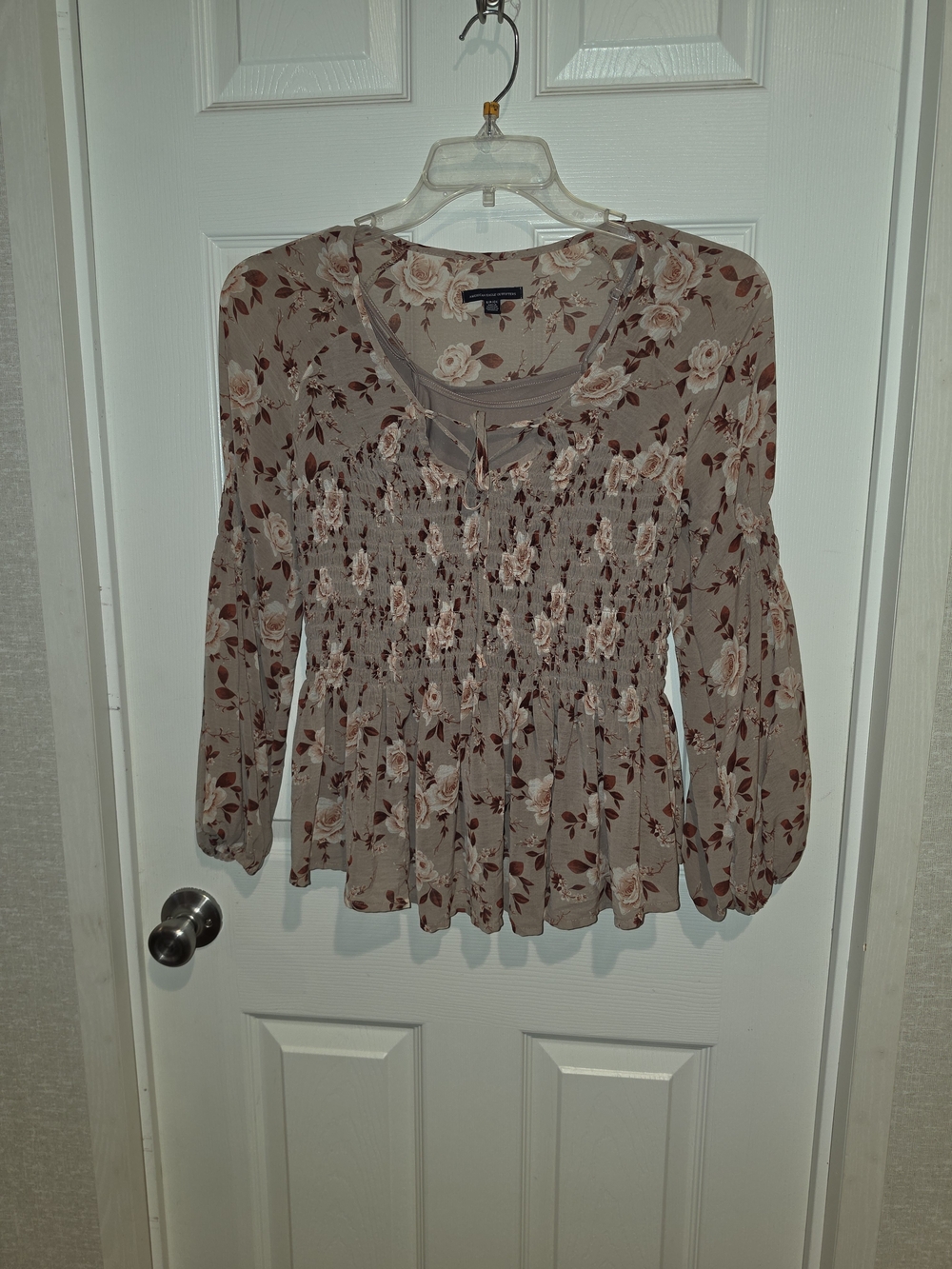 American Eagle Rose Floral Smocked Long Sleeve Blouse Top